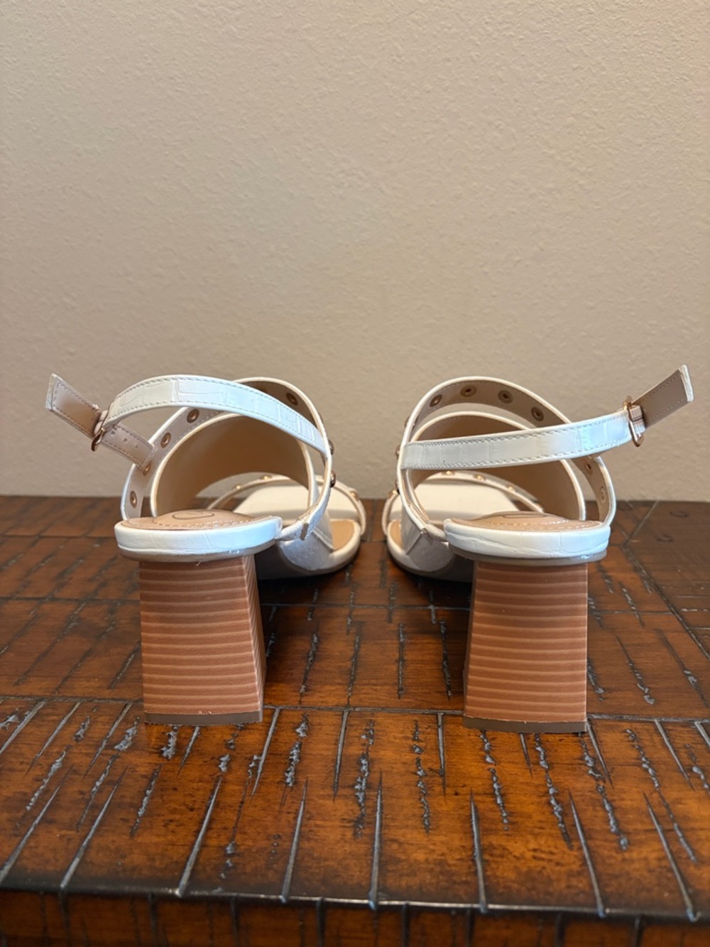 Cato White Croc-Embossed Studded Block Heel Sandals - Picture 3 of 9